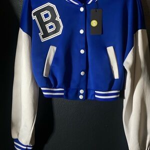 Cropped Royal Blue and White Varsity Jacket with 'B' Patch